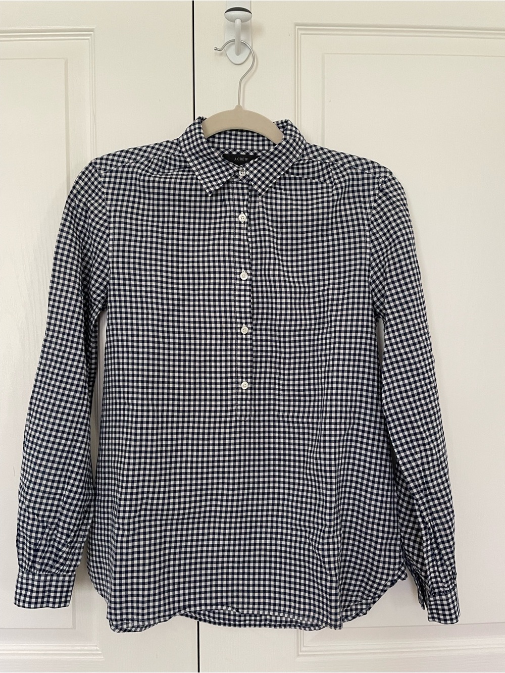 J Crew Gathered Popover Navy & White Gingham Button-Front women’s shirt Size 0.